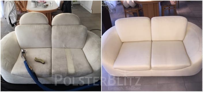 Vorher-Nachher Bild Sofa weiß verschmutzt gereinigt